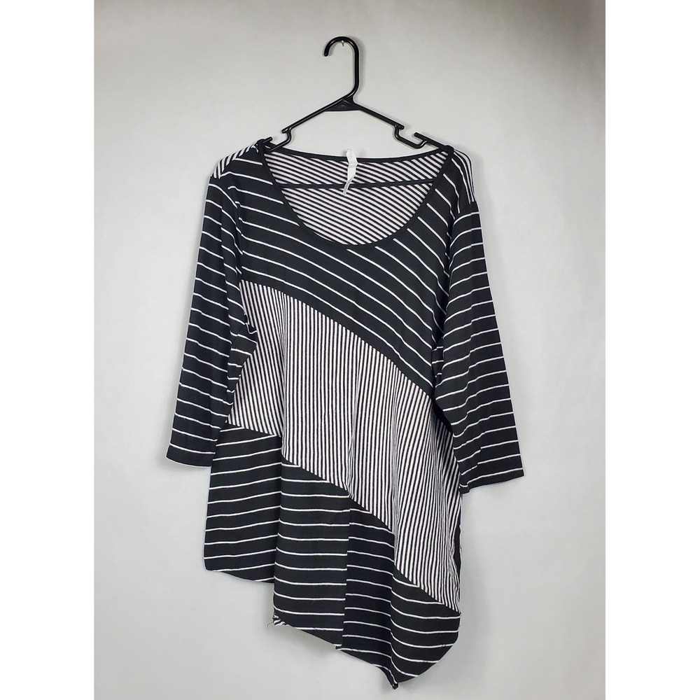 NY Collection Woman Black White Striped Asymmetric Tunic 3/4 Sleeve Top ZKPU0563
